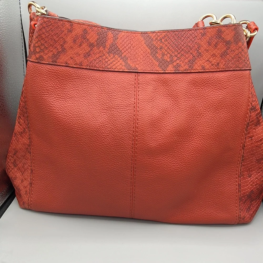 Coach Lexy Orange/Cognac Pebbled Leather Python Embossed Trim Gold Tone Hardware - Picture 6 of 15